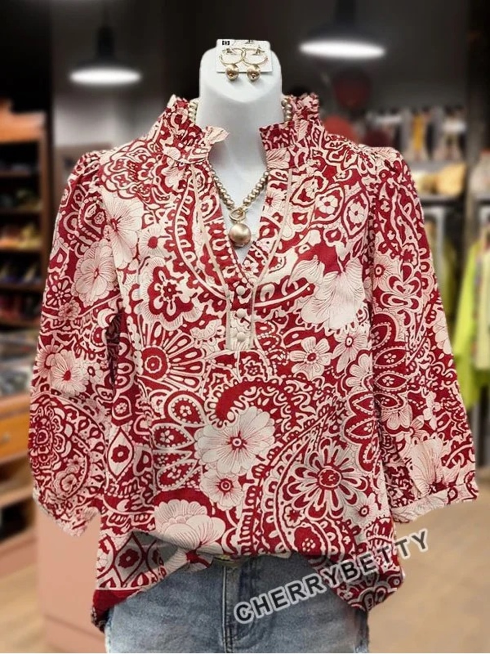CherryBetty Vintage Floral Print V-Neck Puff Sleeve Top